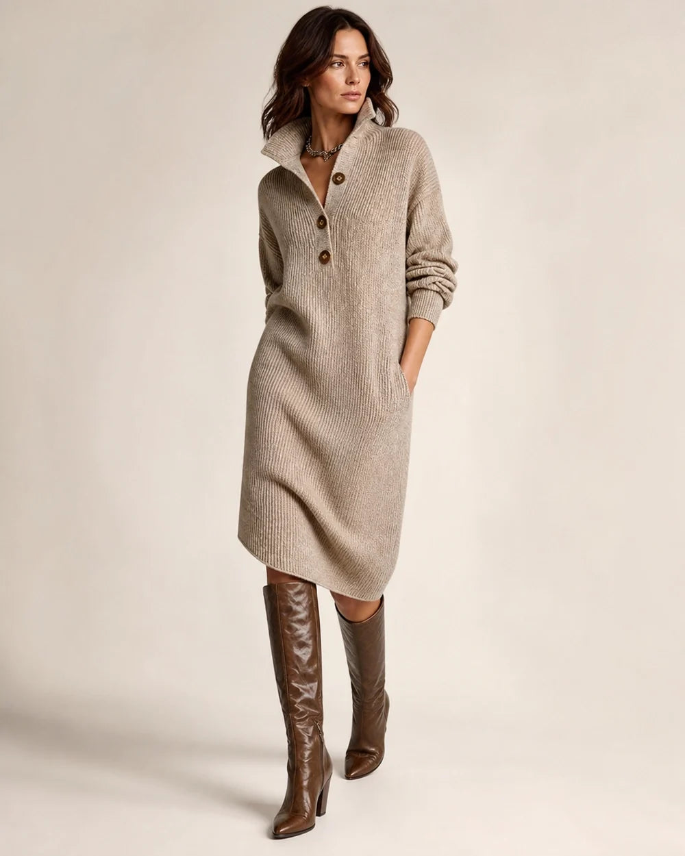 Khaki collared three-button knit dress three-quarter view