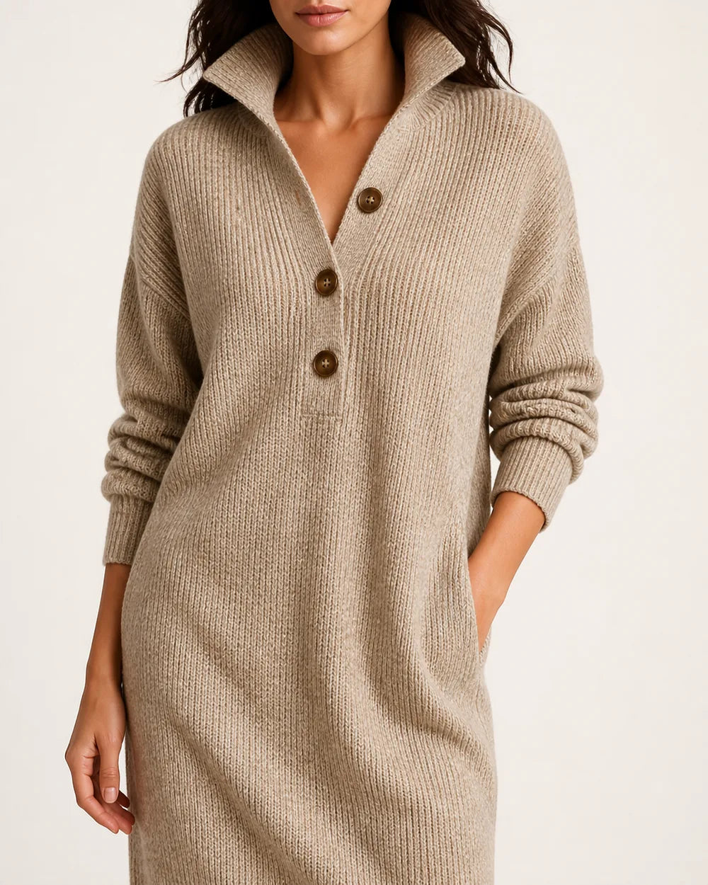 Khaki collared three-button knit dress collar buttons and fabric detail