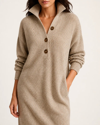 Khaki collared three-button knit dress collar buttons and fabric detail