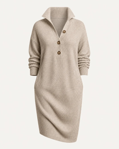 Khaki collared three-button knit dress product-only view