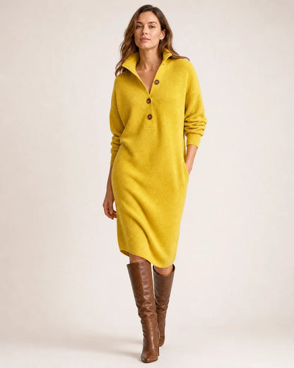Yellow collared three-button knit dress worn view