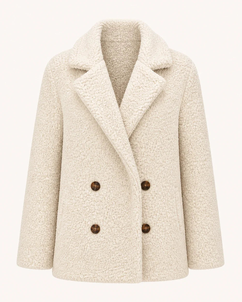 Cream White double-breasted teddy coat, product-only view.