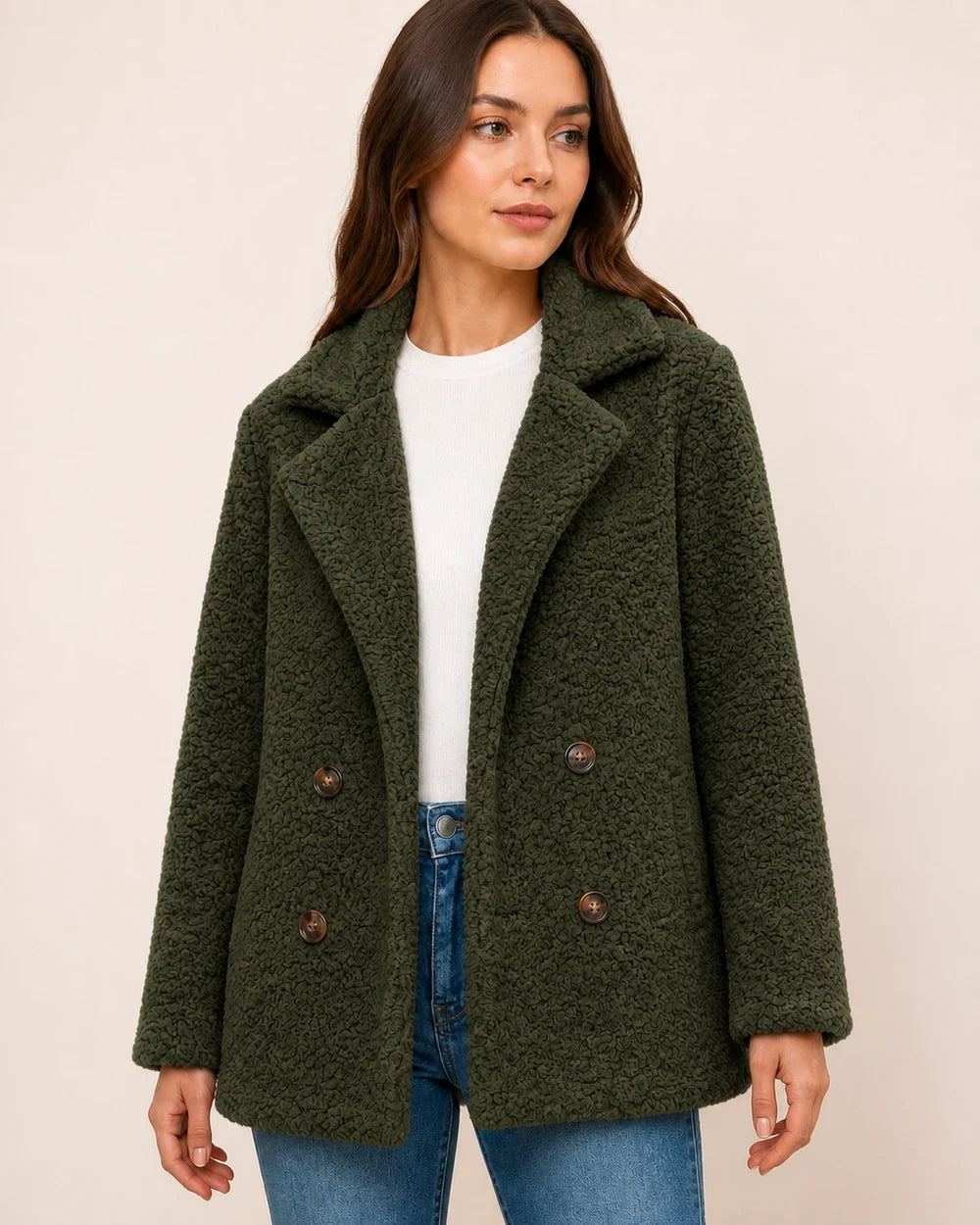 Green double-breasted teddy coat worn, color view.