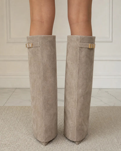 Momount Women Gold-Buckle Knee-High Boots – Pointed Toe, Hidden Wedge, beige, rear view.