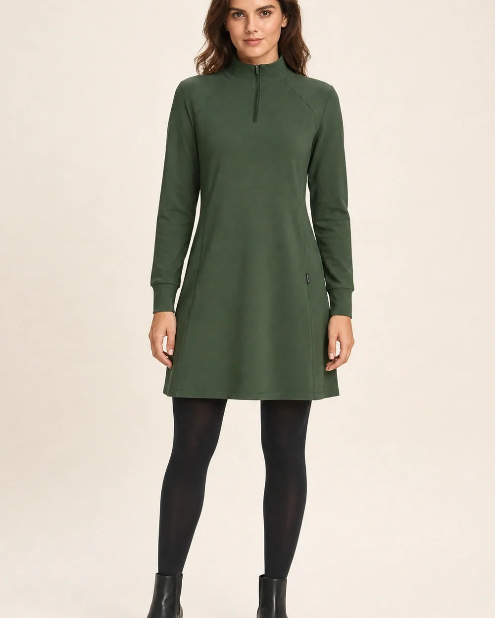 Army Green high-neck half-zip knit dress front silhouette