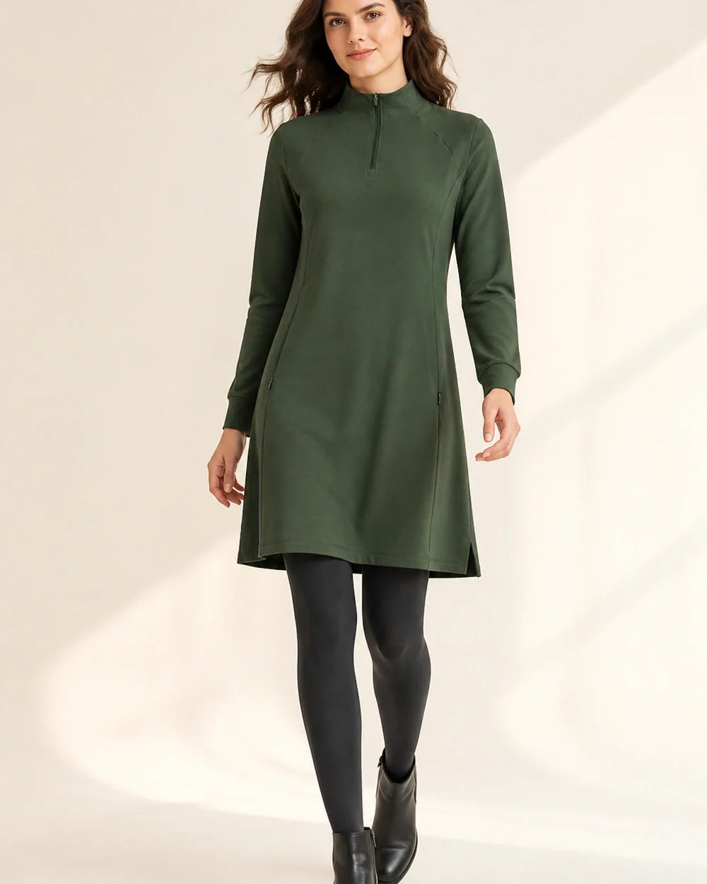 Army Green high-neck half-zip knit dress in movement