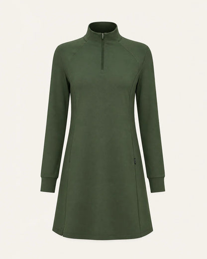 Army Green high-neck half-zip knit dress product-only view