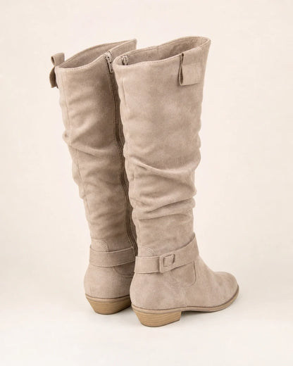 Light Brown slouch knee-high boots, rear and profile view