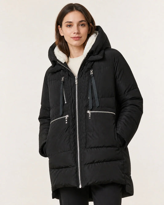 Momount women mid length fleece lined hooded puffer black