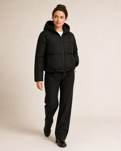 Momount women short hooded puffer jacket black