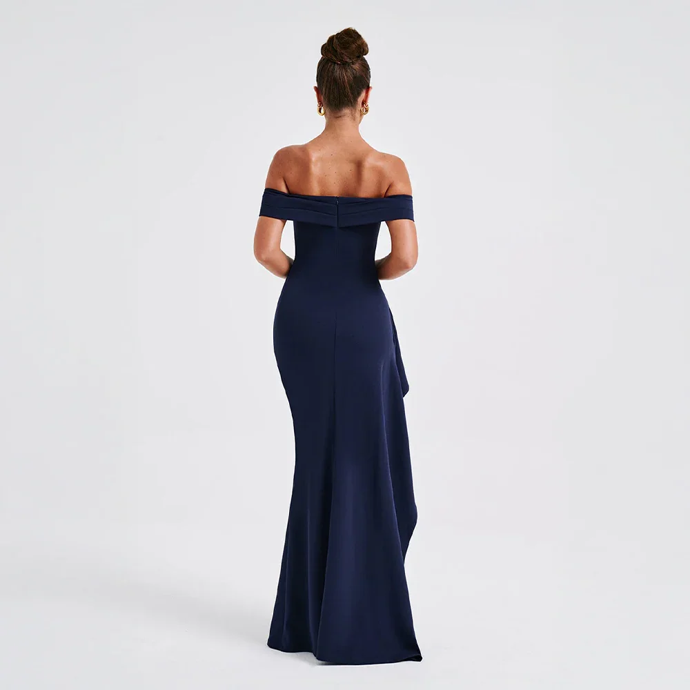 Daniela | Elegant Off Shoulder Ruched High Slit Evening Maxi Dress