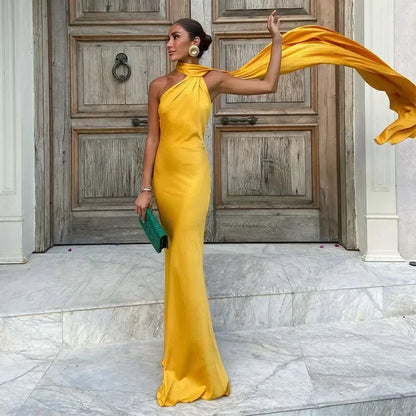 Ottavia | Draped Satin One Shoulder Caped Evening Maxi Dress