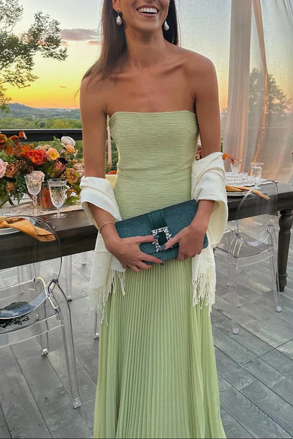 Emiliana | Pleated Satin Slit Strappy Evening Flowy Maxi Dress