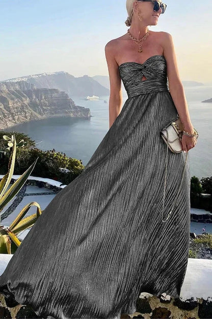 Theodora | Glam Shimmer Pleated Strapless Twist Evening Maxi Dress
