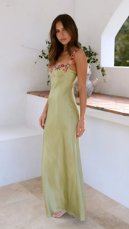 Carmelina | Romantic Satin Floral Embroidered Sweetheart Slip Maxi Dress