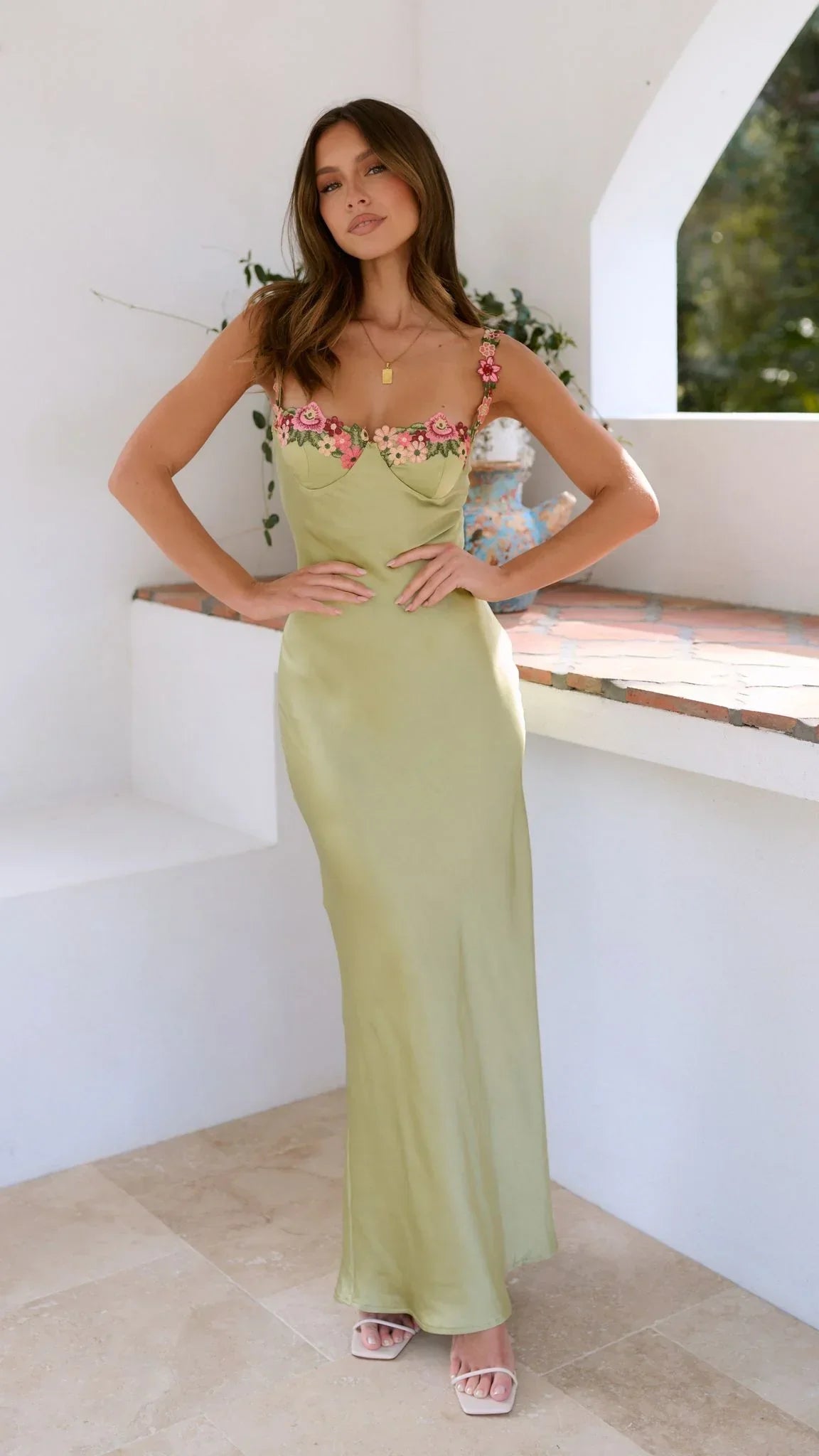 Carmelina | Romantic Satin Floral Embroidered Sweetheart Slip Maxi Dress