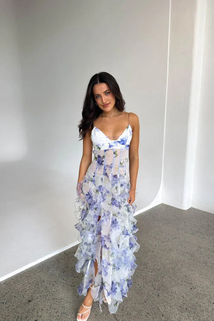 Lavinia | Boho Ruffled Tiered Slit Flowy Beach Summer Maxi Dress