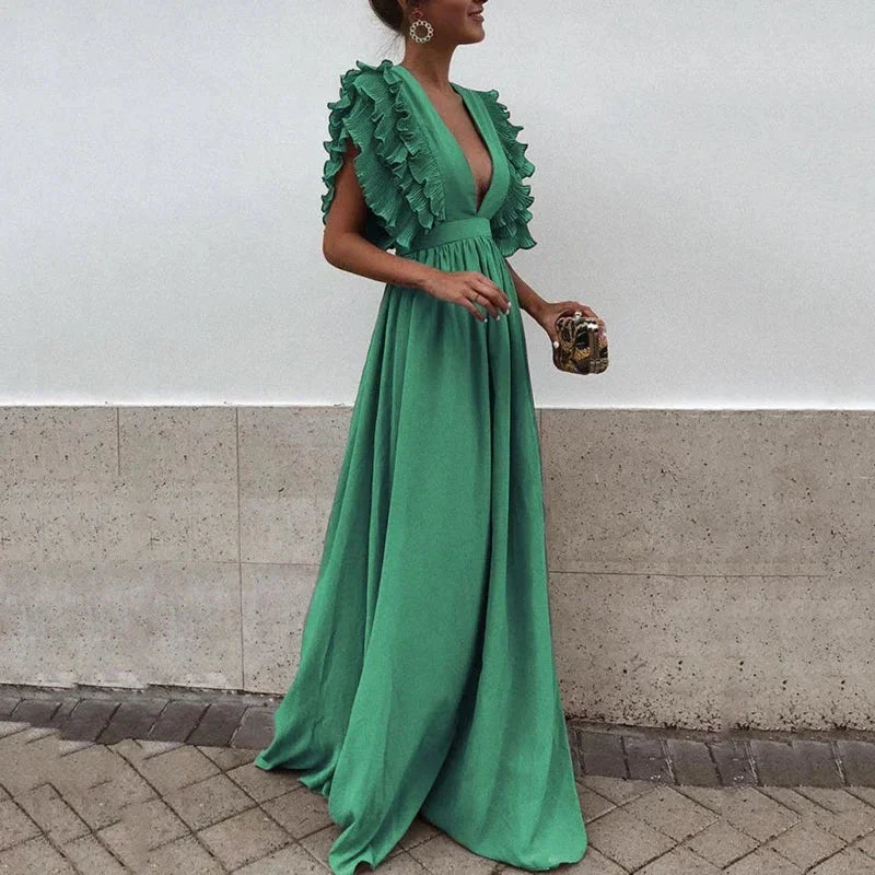 Dorelia | Flowy Chiffon V Neck Ruffle Sleeve Summer Maxi Dress