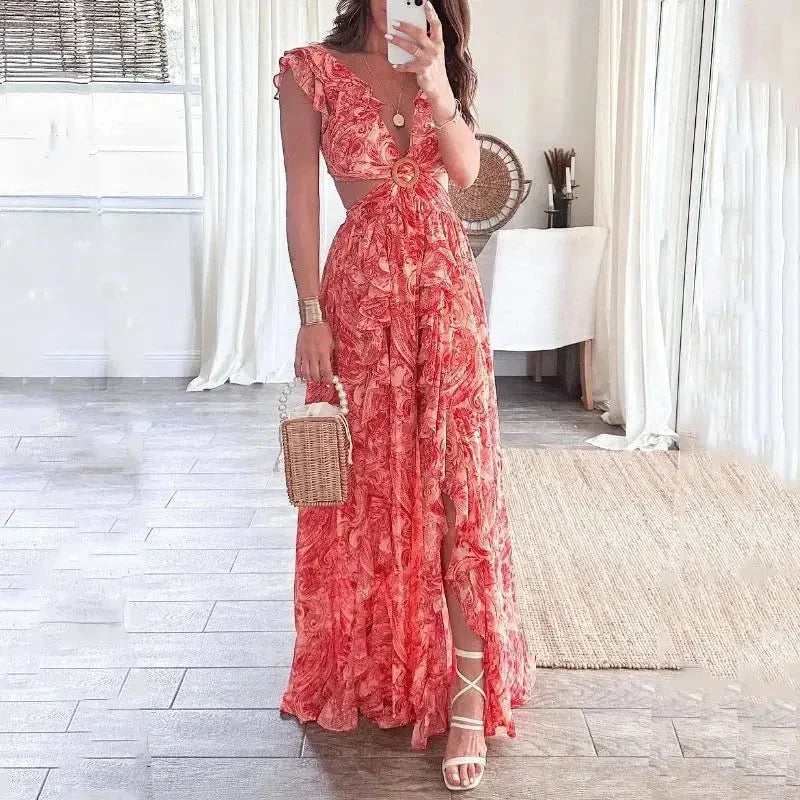Ginevra | Floral V Neck Cutout Short Sleeve Summer Maxi Dress