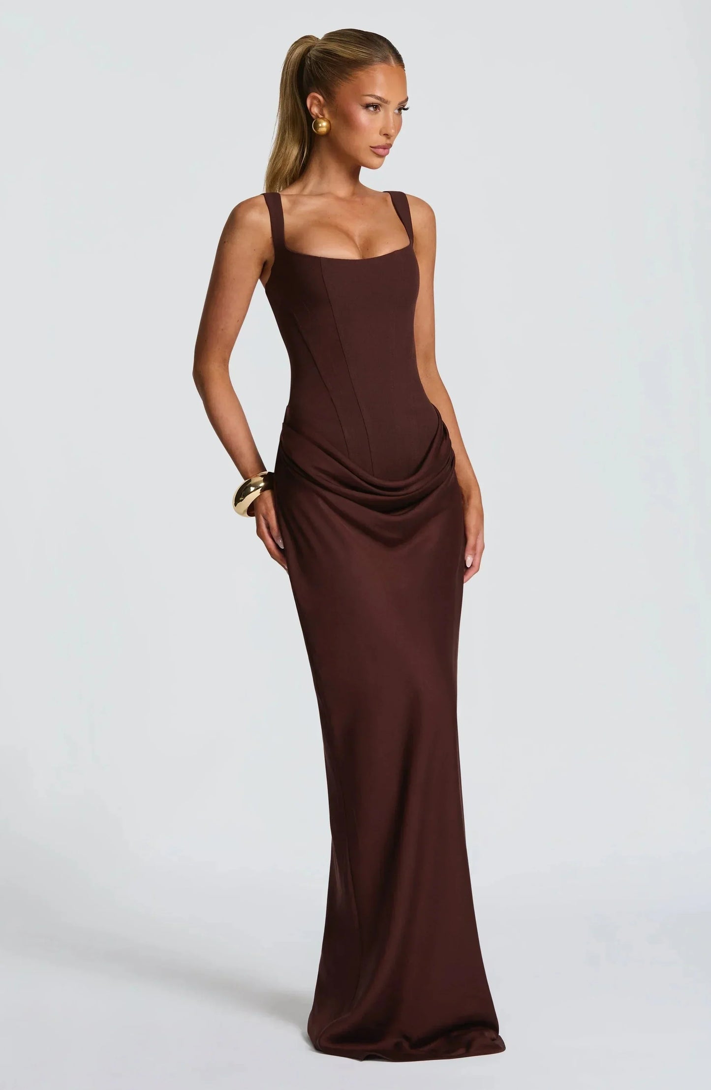 Galatea | Elegant Satin Square Neck Bodycon Backless Maxi Dress
