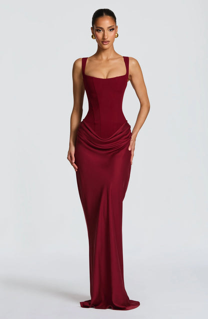 Galatea | Elegant Satin Square Neck Bodycon Backless Maxi Dress