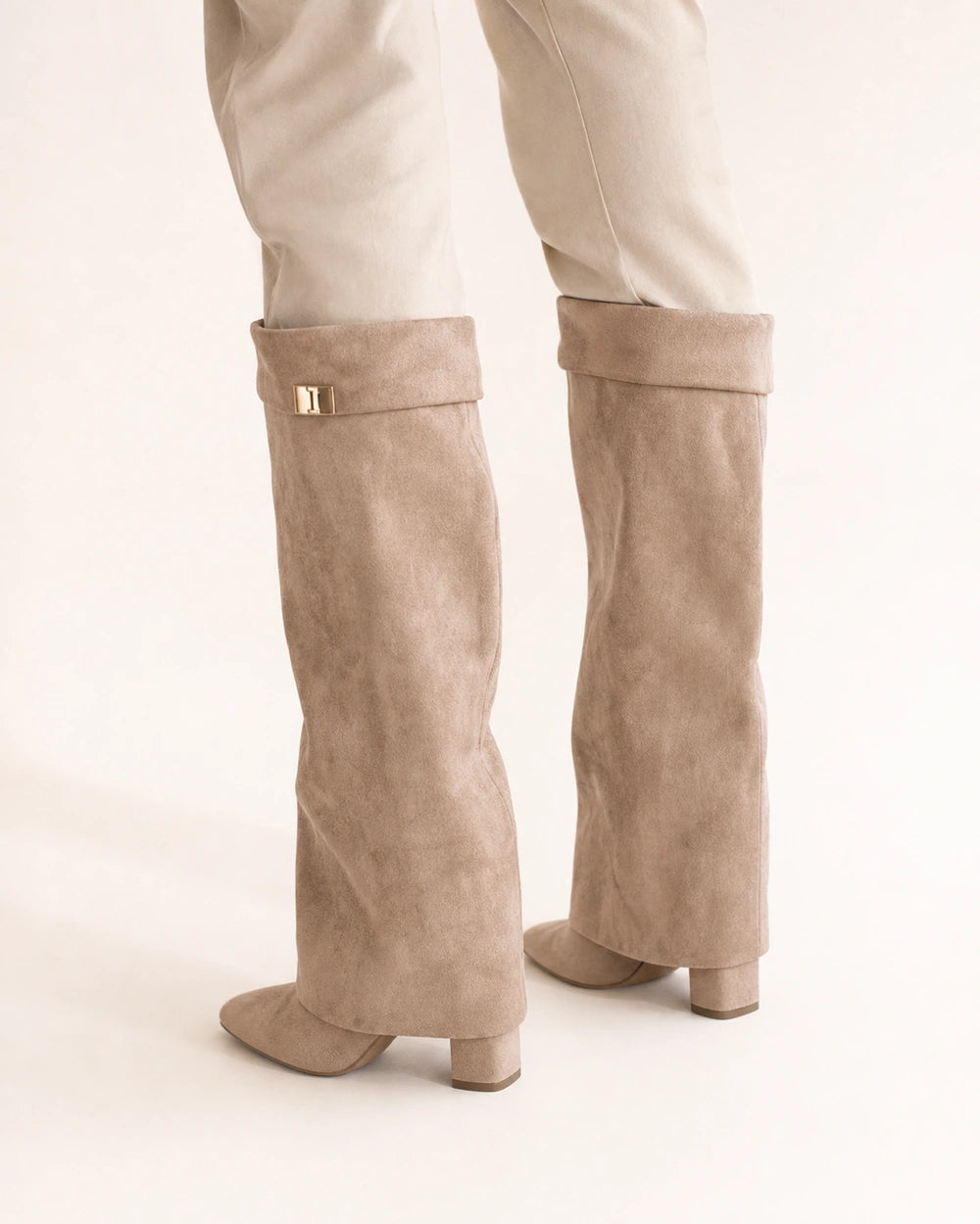 Women's beige wide-shaft suede-effect knee-high boots, rear three-quarter view.