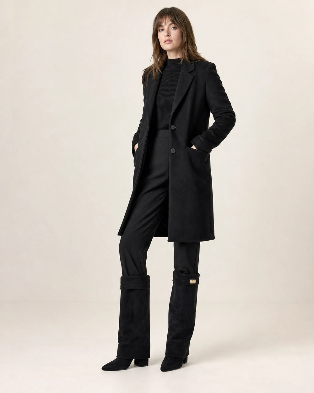 Women's black suede-effect wide-shaft knee-high boots, hero view.